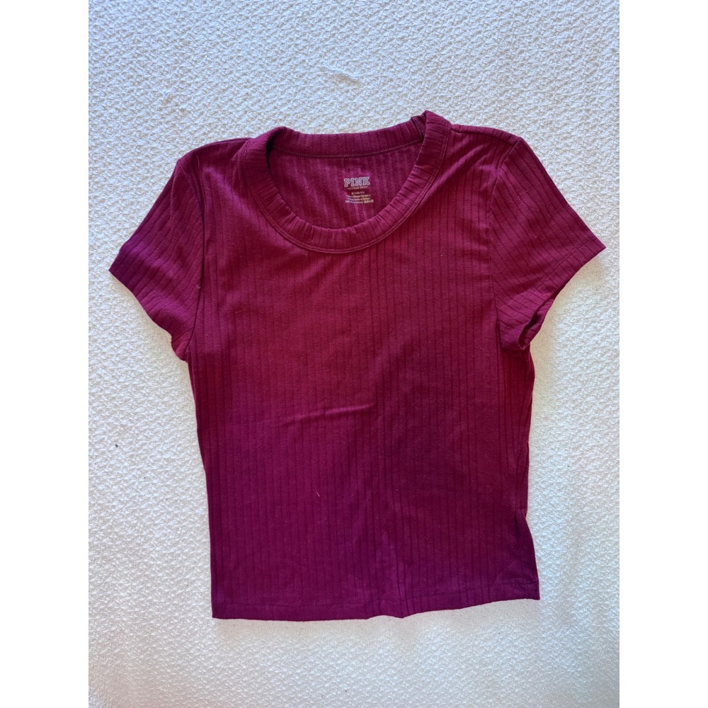 Victoria's Secret PINK Ribbed Short Sleeve Crew Neck Top Burgundy Maroon Medium